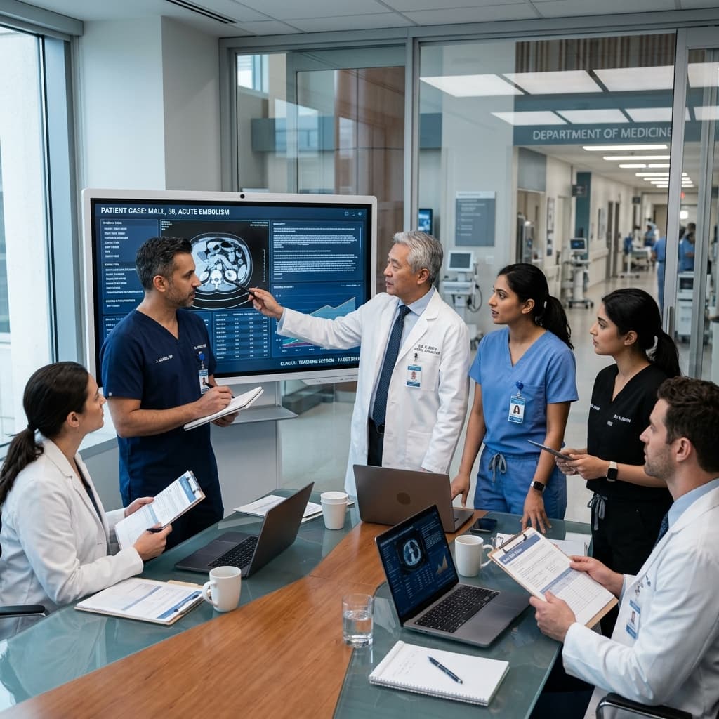 Doctor mentoring clinician in a clinical discussion environment